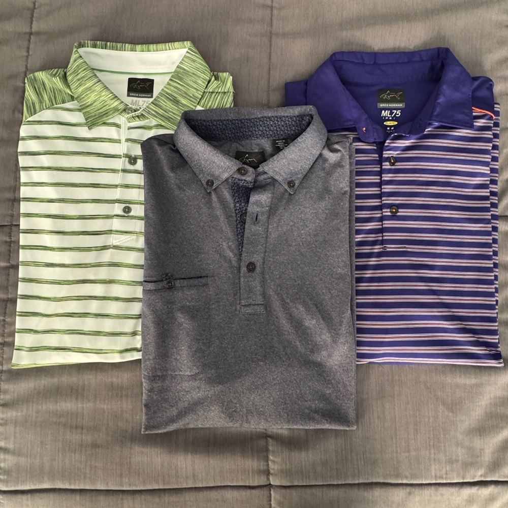 Bundle** Greg Norman ML75 Stretch Golf Polos - White/Purple/Blue - Size Medium